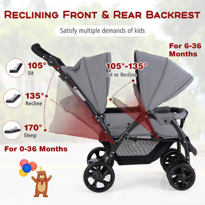GYMAX Double Seat Stroller with Adjustable Push Handle, Detachable Canopy and Foot Rest, Foldable Baby Pushchair Buggy for Traveling, Going Shopping & Hanging Out (Grey)