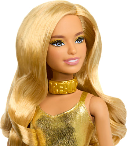 Barbie Fashionistas Doll #222 in golden jumpsuit, petite with blonde wavy hair, celebrating 65th anniversary.