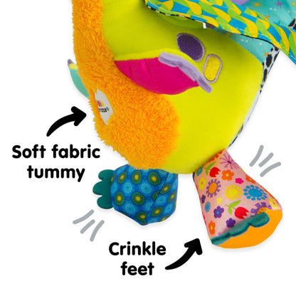 LAMAZE Flip Flap Dragon baby sensory toy attached to a pram, colorful clip-on toy for newborns 0-6 months.