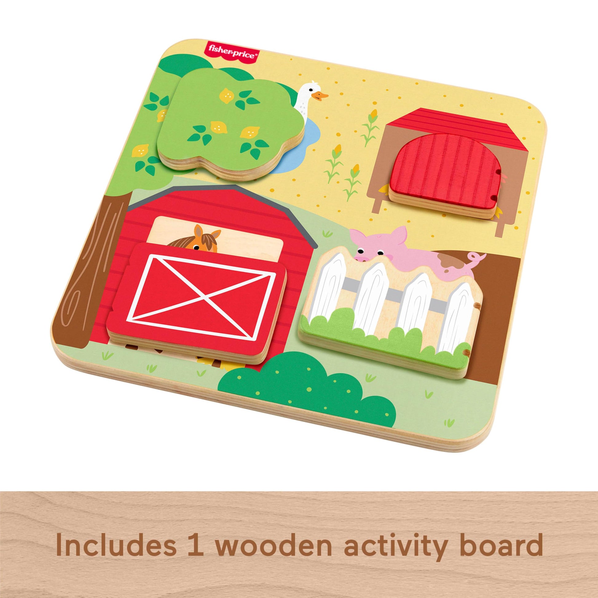 Fisher-Price Wood Baby Toy Farm Animals board with colorful wooden farm animals for infants and toddlers to develop fine motor skills.