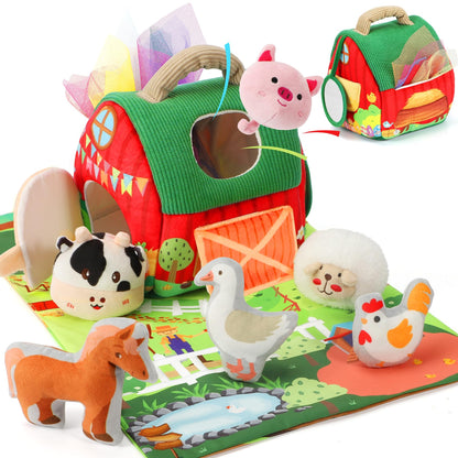 URMYWO Baby Toys 6 to12 Months Sensory Toy with Farm Animals Rattle Toys,Baby Mirror,Crinkle Paper,A Farm Mat,Montessori Toys Baby for Toddler 1-3 Year