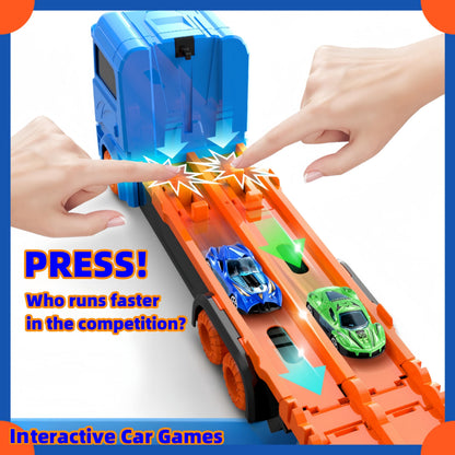 Bearbao toddler boy toys set featuring a 65-inch race track with die-cast transport trucks and cars for kids aged 2 to 6.