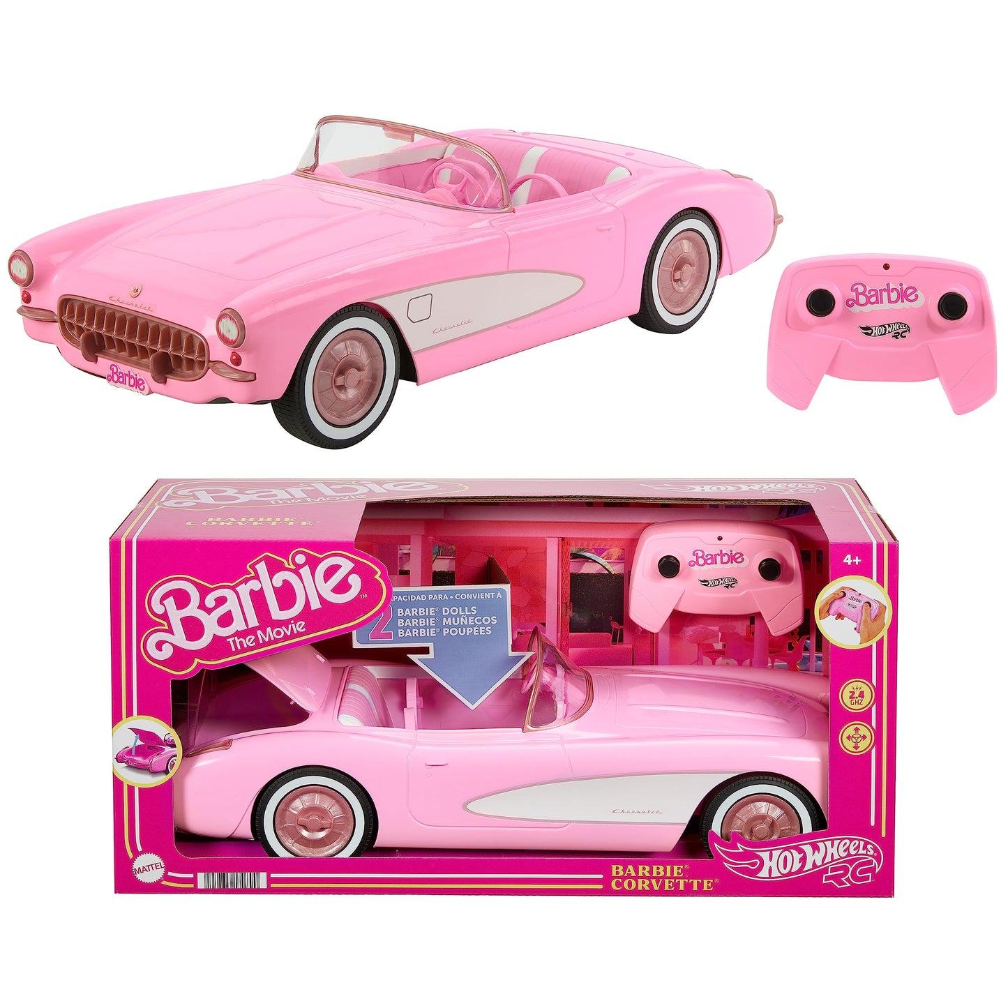 Barbie Hot Wheels remote control Corvette car with open trunk, designed to hold 2 dolls, colorful and battery-operated.