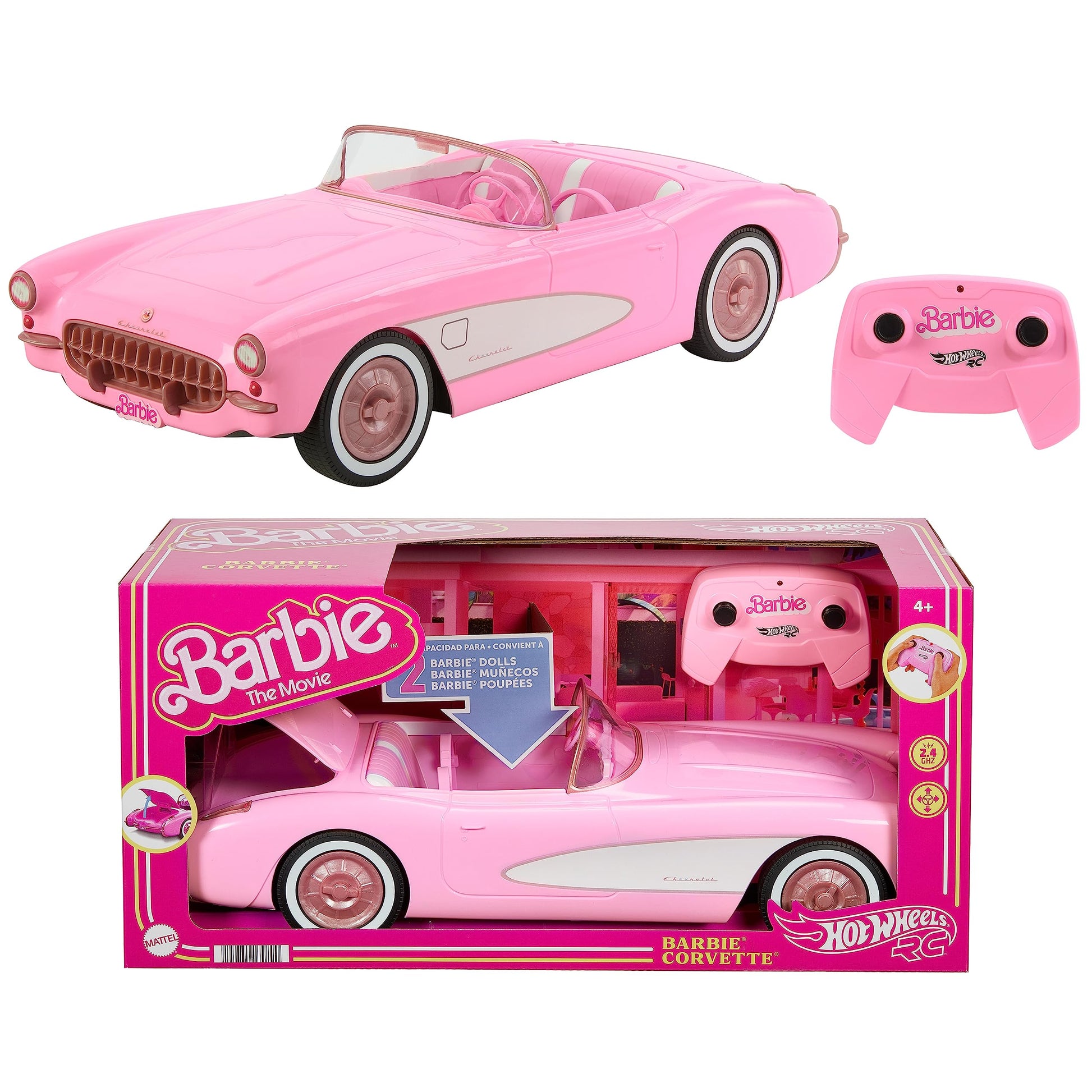 Barbie Hot Wheels remote control Corvette car with open trunk, designed to hold 2 dolls, colorful and battery-operated.