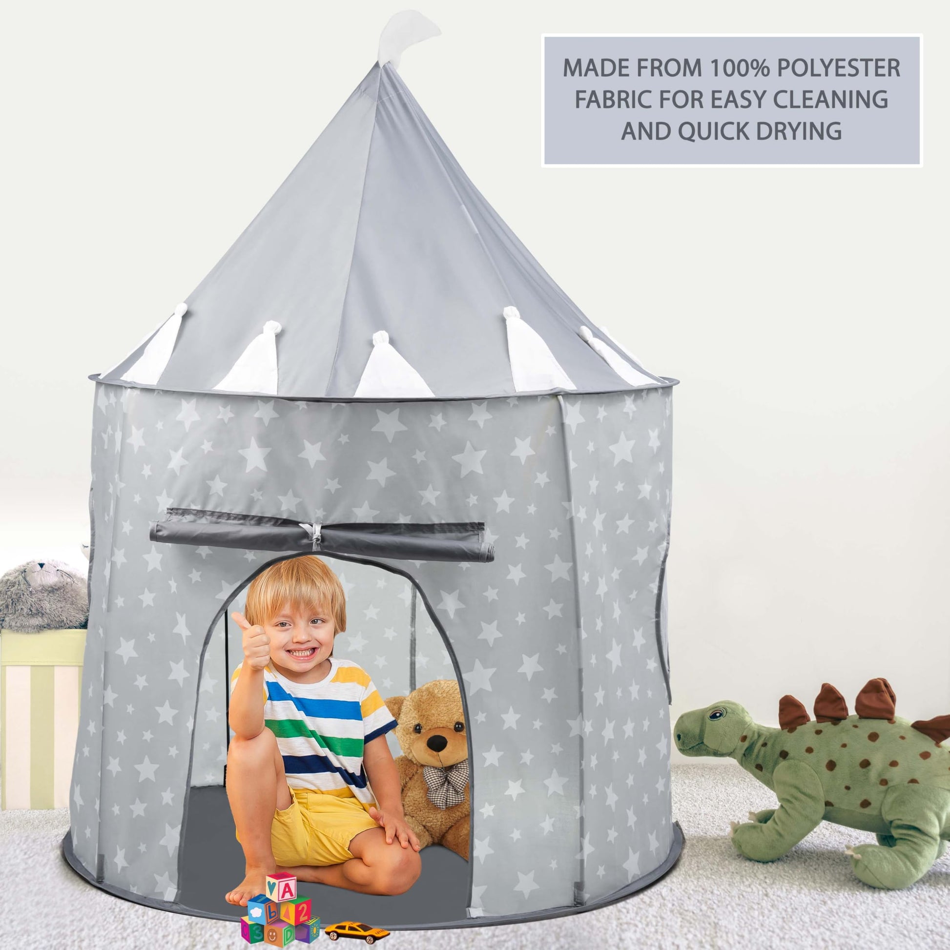 Grey Crystals princess castle pop-up play tent for kids, featuring a fun, foldable design and sensory play space for children.