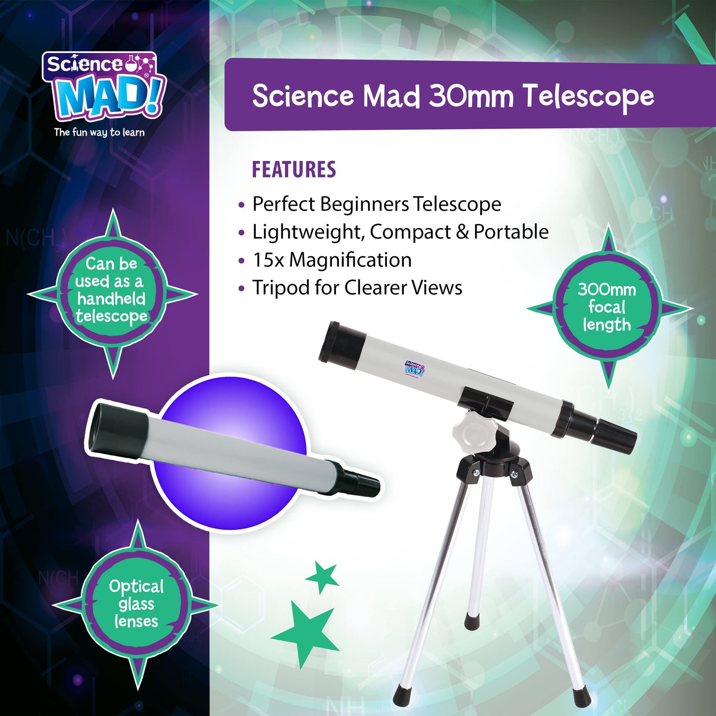 Science Mad microscope and telescope combo set for kids with tripod, stand, 15x telescope, and 100x microscope for ages 6+.