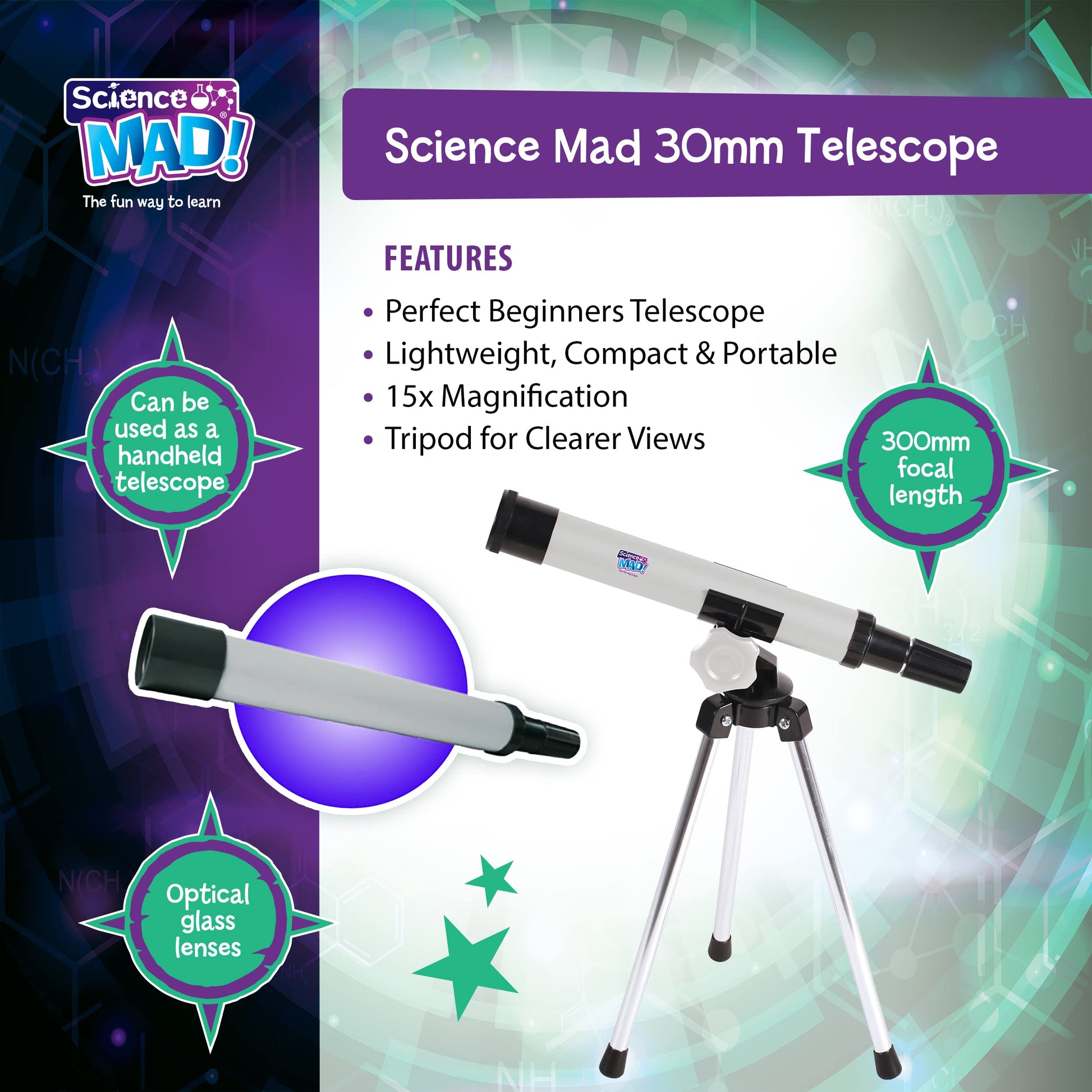 Science Mad microscope and telescope combo set for kids with tripod, stand, 15x telescope, and 100x microscope for ages 6+.