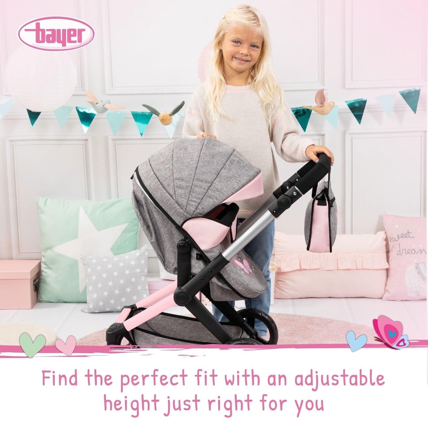 Bayer Design 17033AA Doll's pram Xeo, Stroller, Height-Adjustable, Reversible Handle, Convertible, Bag, Jeans-Grey, Pink