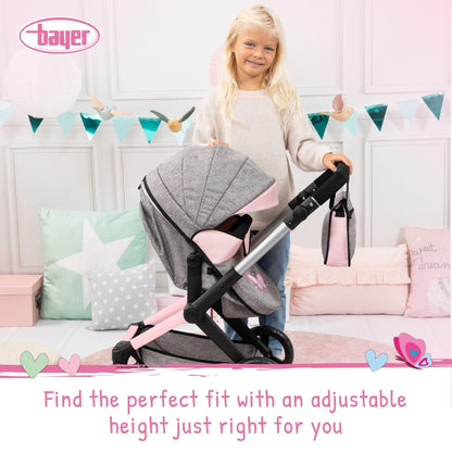 Bayer Design 17033AA Doll's pram Xeo, Stroller, Height-Adjustable, Reversible Handle, Convertible, Bag, Jeans-Grey, Pink