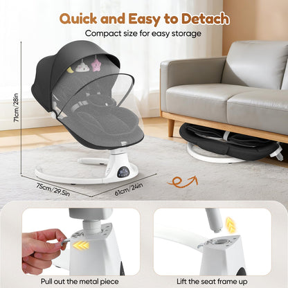 Helangel baby swing for infants and toddlers with 5-speed settings, Bluetooth music, 3-seat positions, and safety 5-point harness.