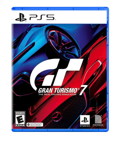 PlayStation Gran Turismo 7 Standard Edition game cover for PlayStation 5 featuring racing cars and dynamic racing scene.