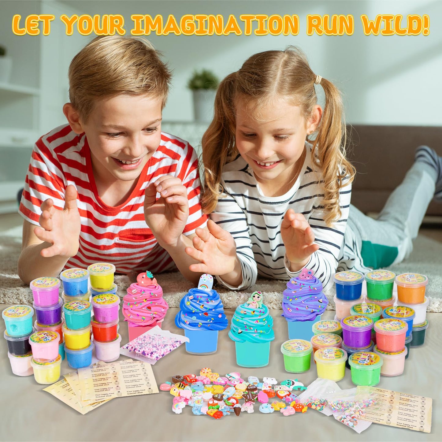 Set of 15 mini butter slime jars by FODYNE featuring cotton candy and fruit scents, soft, non-sticky slime for kids' DIY and stress relief.