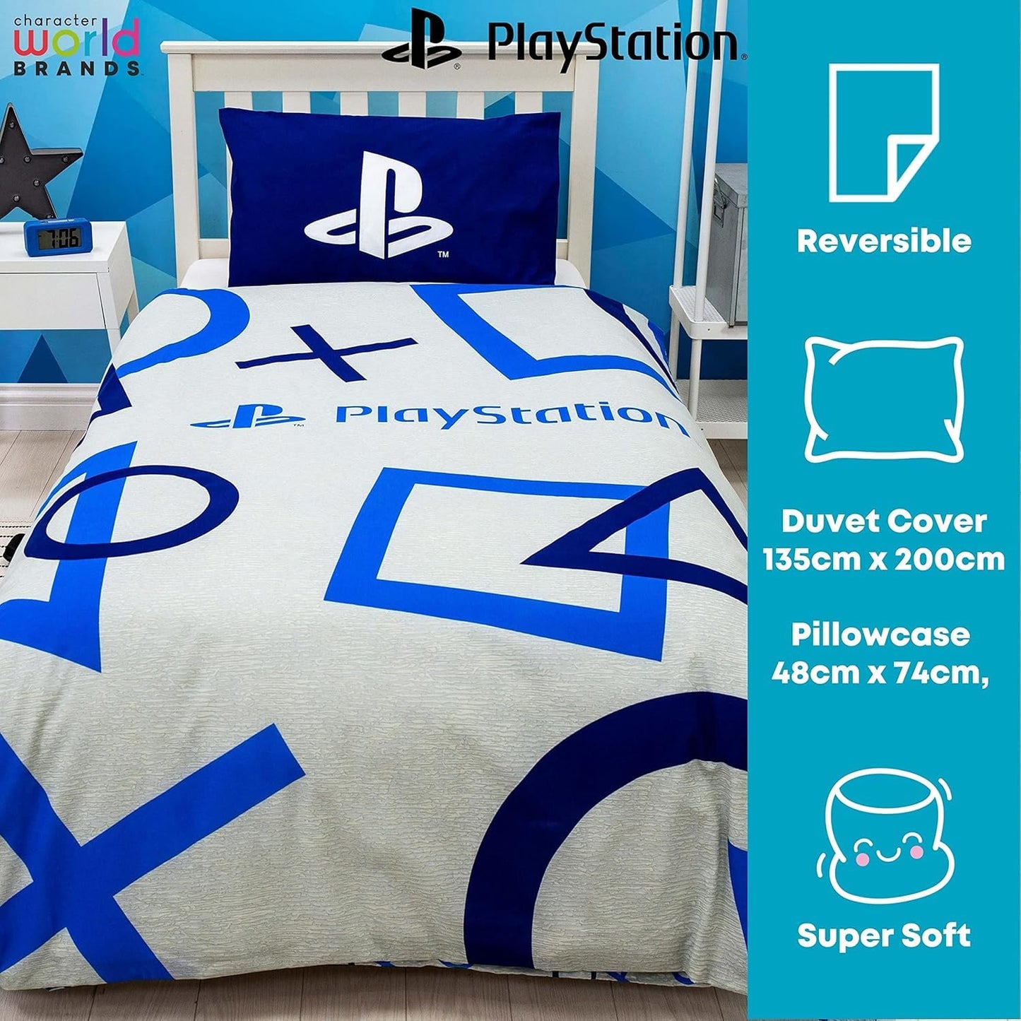 PlayStation Inkwash single duvet set with gaming-themed design, soft fabric, and vibrant PlayStation branding on the bedding.