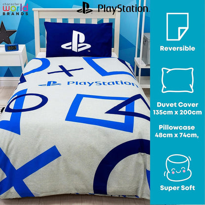 PlayStation Inkwash single duvet set with gaming-themed design, soft fabric, and vibrant PlayStation branding on the bedding.