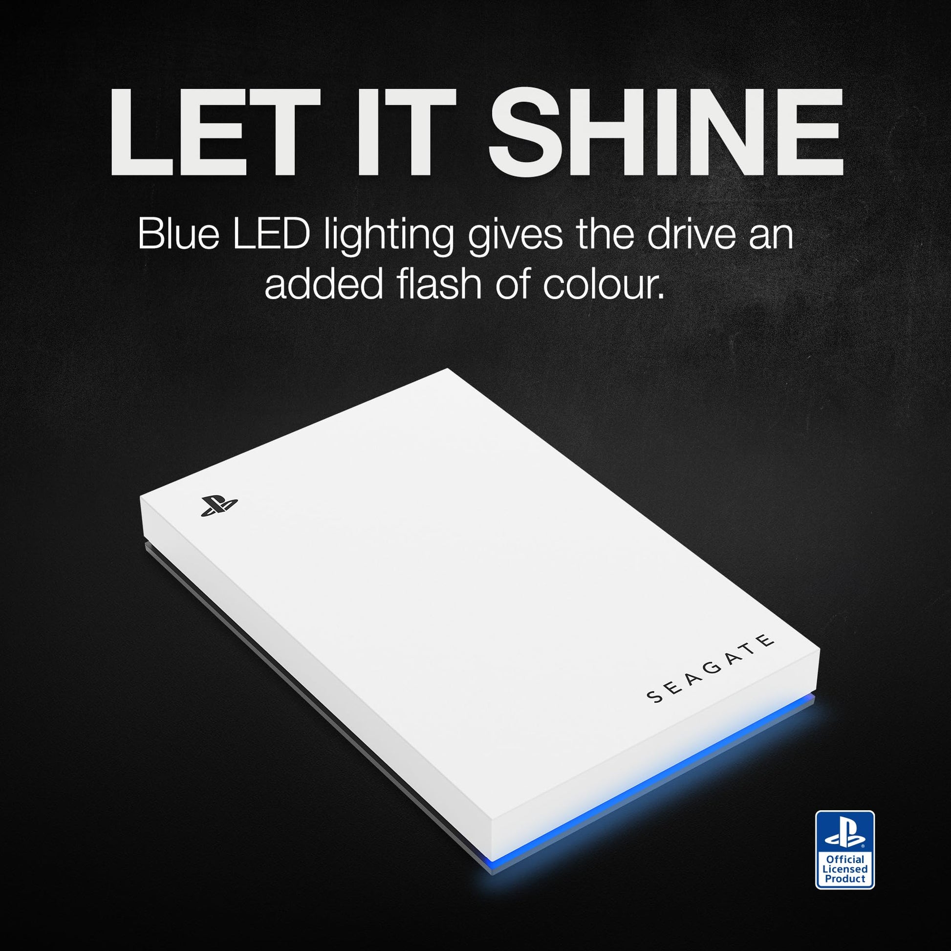 Seagate 5TB Game Drive for PS4/PS5 with blue LED, external USB 3.0 hard drive, officially licensed gaming storage.