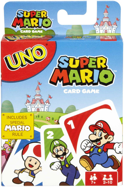 Fisher-Price UNO Super Mario card game deck featuring animated character images, 112 collectible cards for kids ages 7 and up.