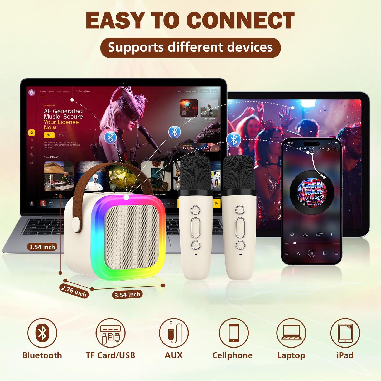 Koolcover Mini Karaoke Machine for Kids and Adults with portable Bluetooth speaker and two wireless microphones in beige, ideal for home parties.