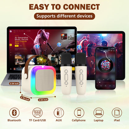 Koolcover Mini Karaoke Machine for Kids and Adults with portable Bluetooth speaker and two wireless microphones in beige, ideal for home parties.