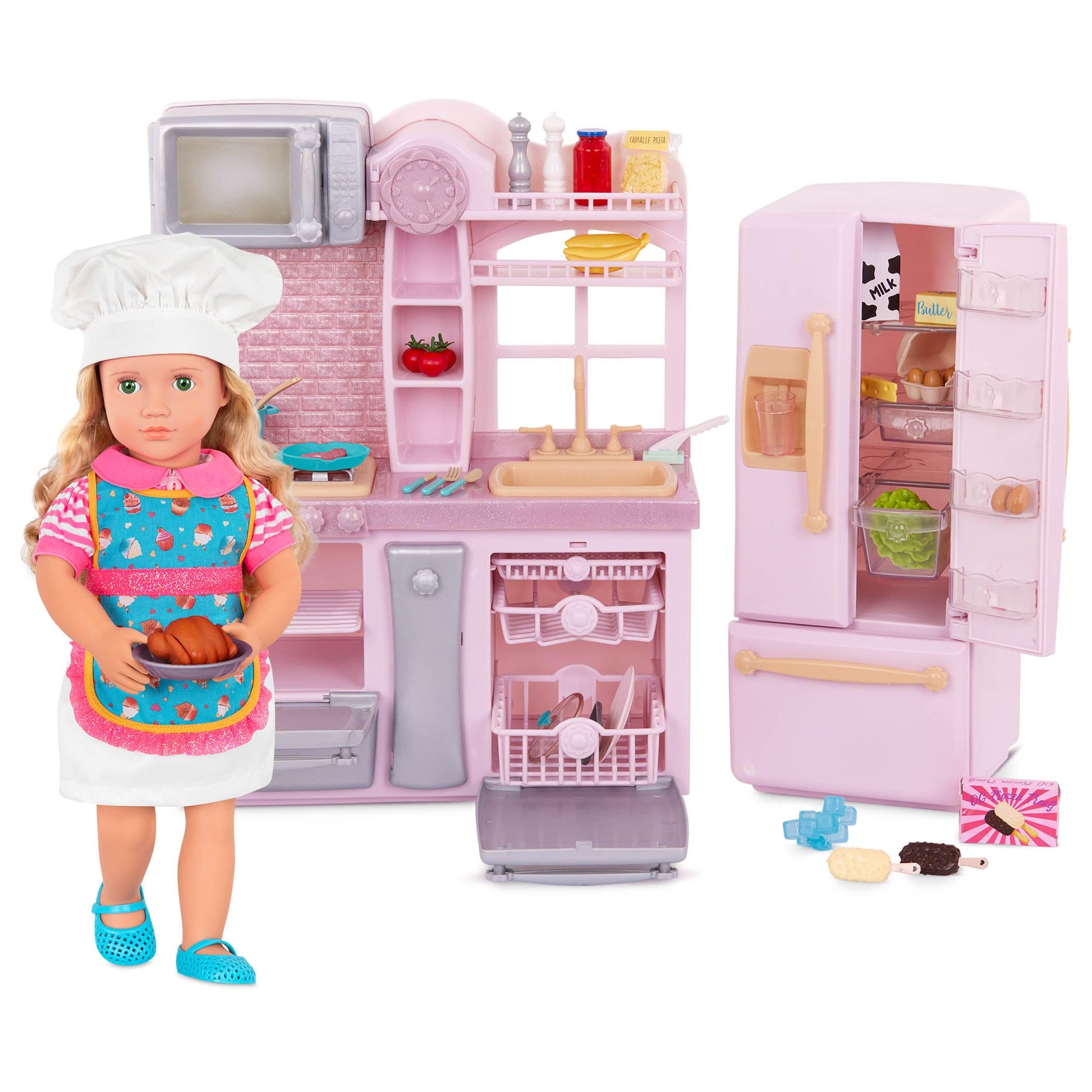 Our Generation pink fridge and kitchen playset with pretend food items for 18-inch dolls, fostering imaginative play.