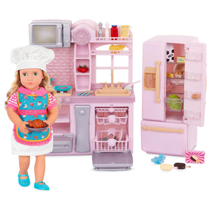 Our Generation pink fridge and kitchen playset with pretend food items for 18-inch dolls, fostering imaginative play.