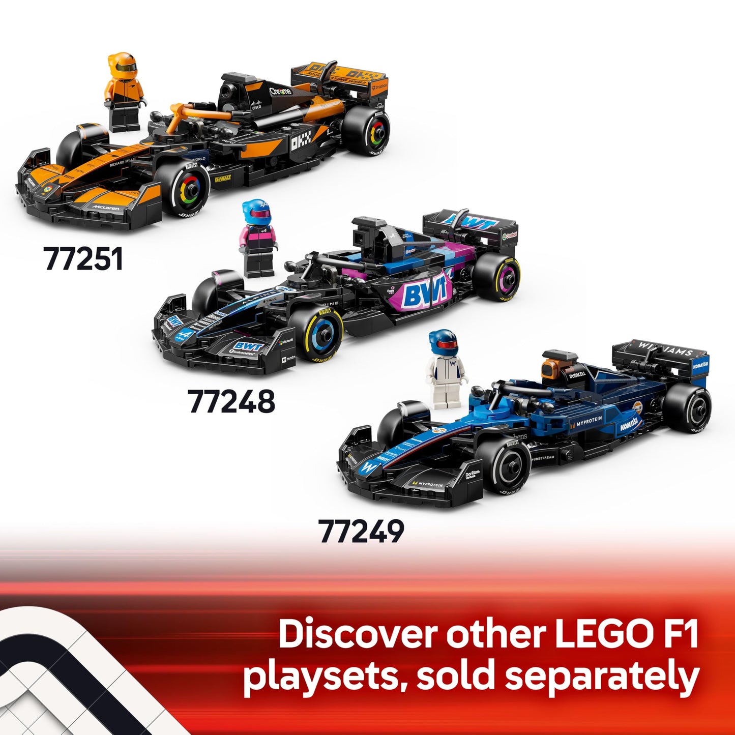 LEGO Speed Champions Mercedes-AMG F1 W15 race car toy with a collectible Formula 1 driver minifigure on display.