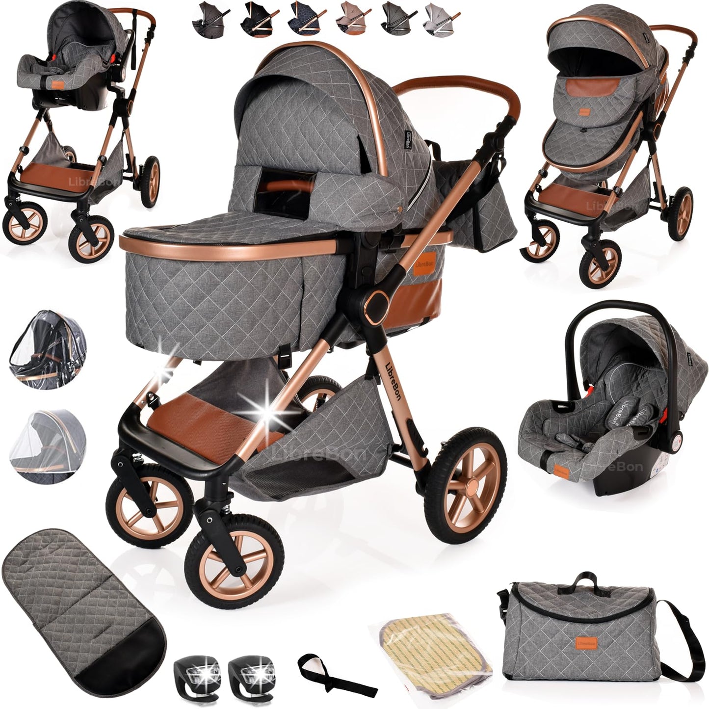Baby Buggy Pram Pushchair Stroller 3 in 1 Child Lightweight Folding Stroller 3 in 1 Travel System Pram for Newborns & Toddlers from Birth Aluminum (Grey - Rose Gold Frame)