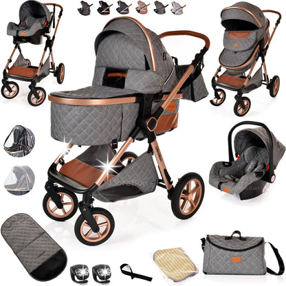 Baby Buggy Pram Pushchair Stroller 3 in 1 Child Lightweight Folding Stroller 3 in 1 Travel System Pram for Newborns & Toddlers from Birth Aluminum (Grey - Rose Gold Frame)