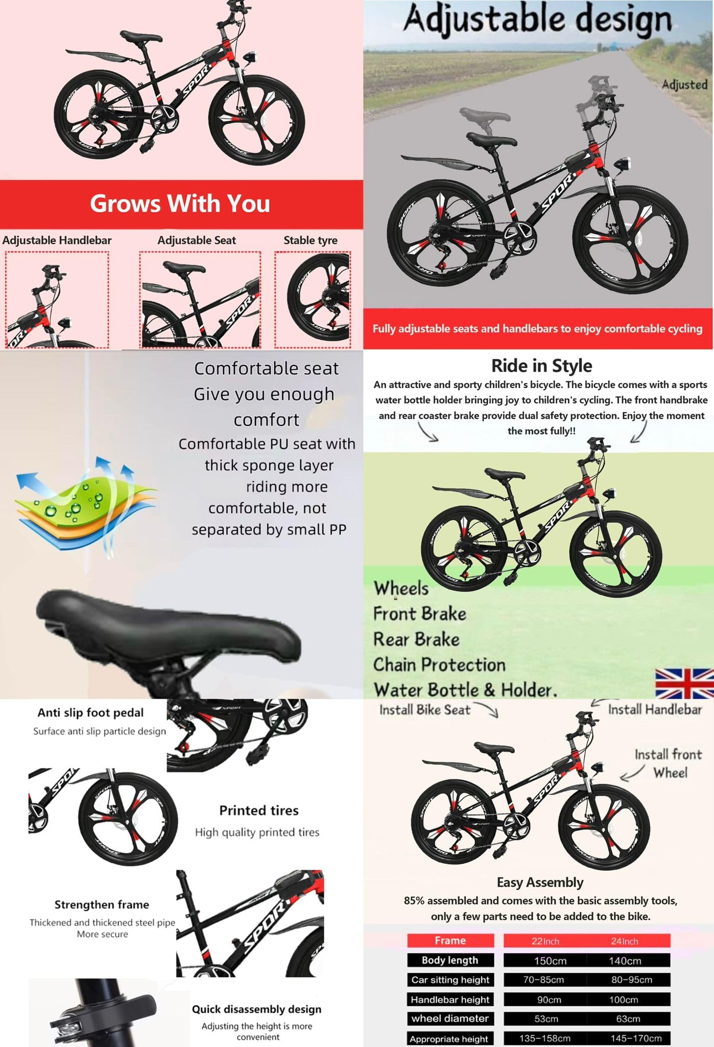 Kids 7-speed unisex mountain bike with magnesium wheels, suspension, dual disc brakes, headlight, and tool kit for ages 6-12.