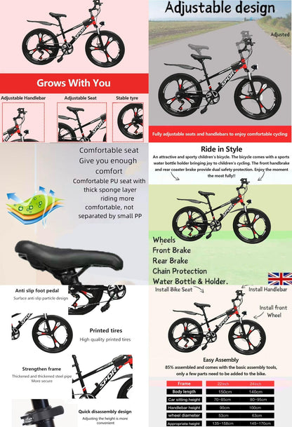 Kids 7-speed unisex mountain bike with magnesium wheels, suspension, dual disc brakes, headlight, and tool kit for ages 6-12.