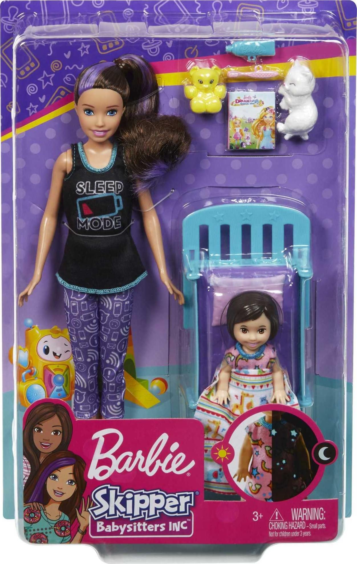 Barbie Skipper Babysitters Inc. playset with toddler doll in glow-in-the-dark pajamas, bed, kitty, teddy bear, and blanket.