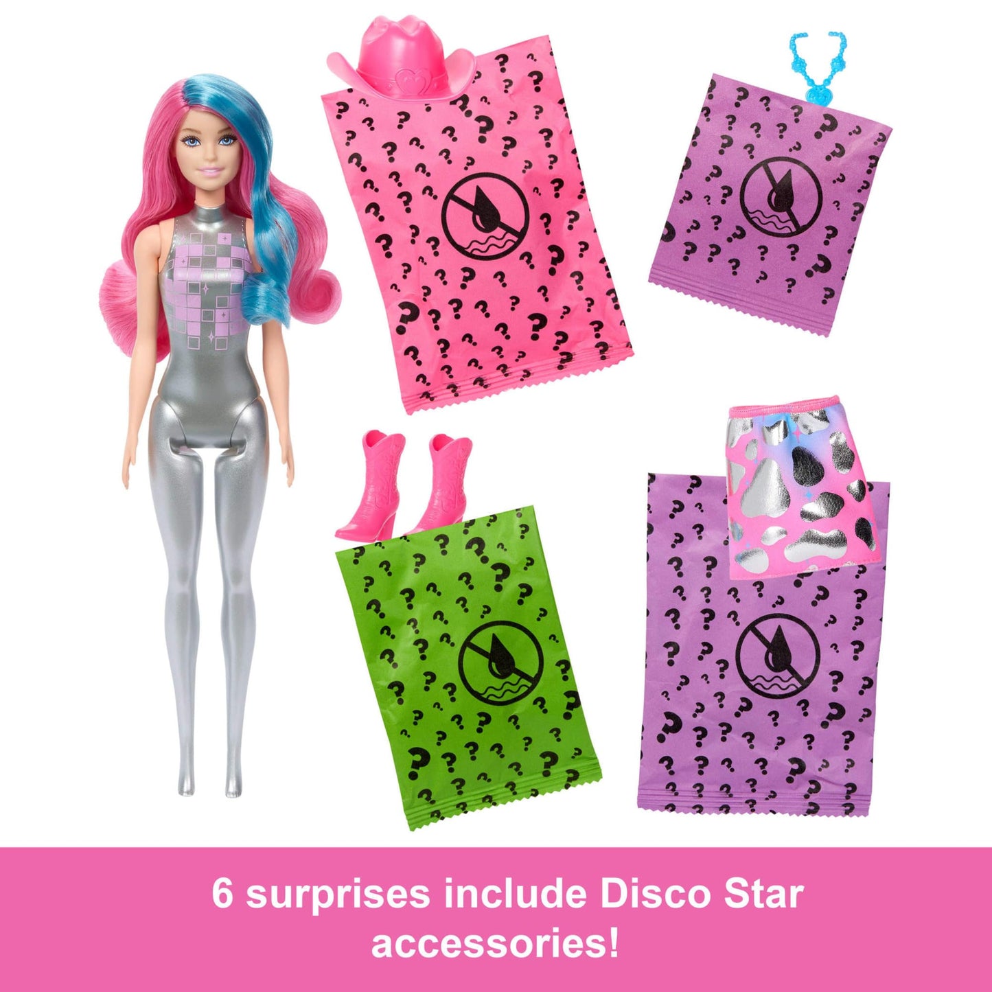 Barbie Color Reveal Fashion Doll & Accessories with 6 Surprises, Disco Star Series with Metallic Shine & Color-Change Bodice (Styles May Vary), JCP01