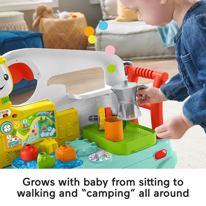 Fisher-Price Laugh & Learn 3-in-1 On-The-Go Camper for infants, colorful musical push-along walker and activity center.