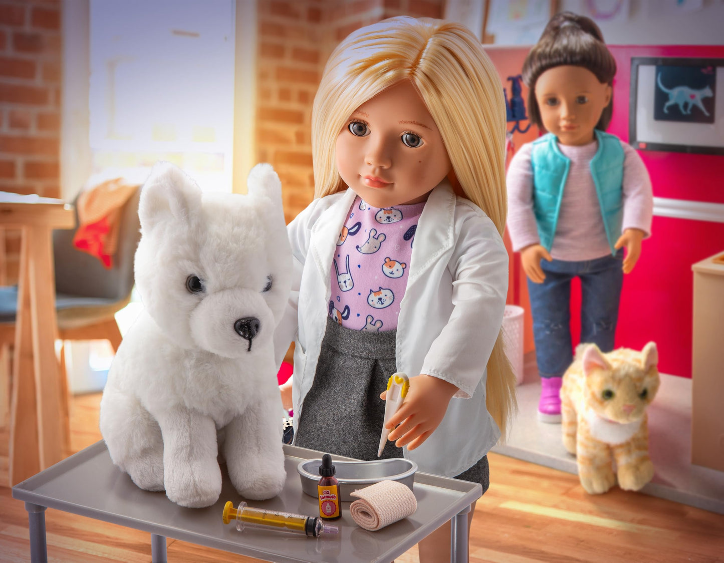 Our Generation Healthy Paws Vet Clinic playset with pink accessories for 18-inch fashion dolls and pet care activities.