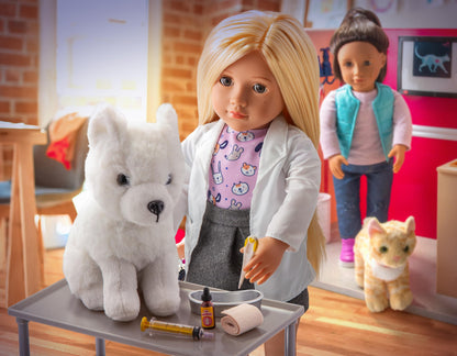 Our Generation Healthy Paws Vet Clinic playset with pink accessories for 18-inch fashion dolls and pet care activities.
