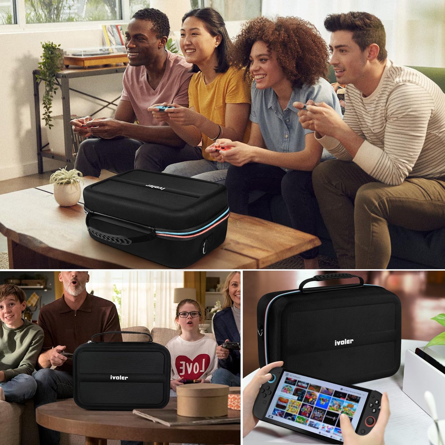 ivoler carrying case for Nintendo Switch 2 with soft lining, holds 20 games, portable messenger-style storage for console and accessories