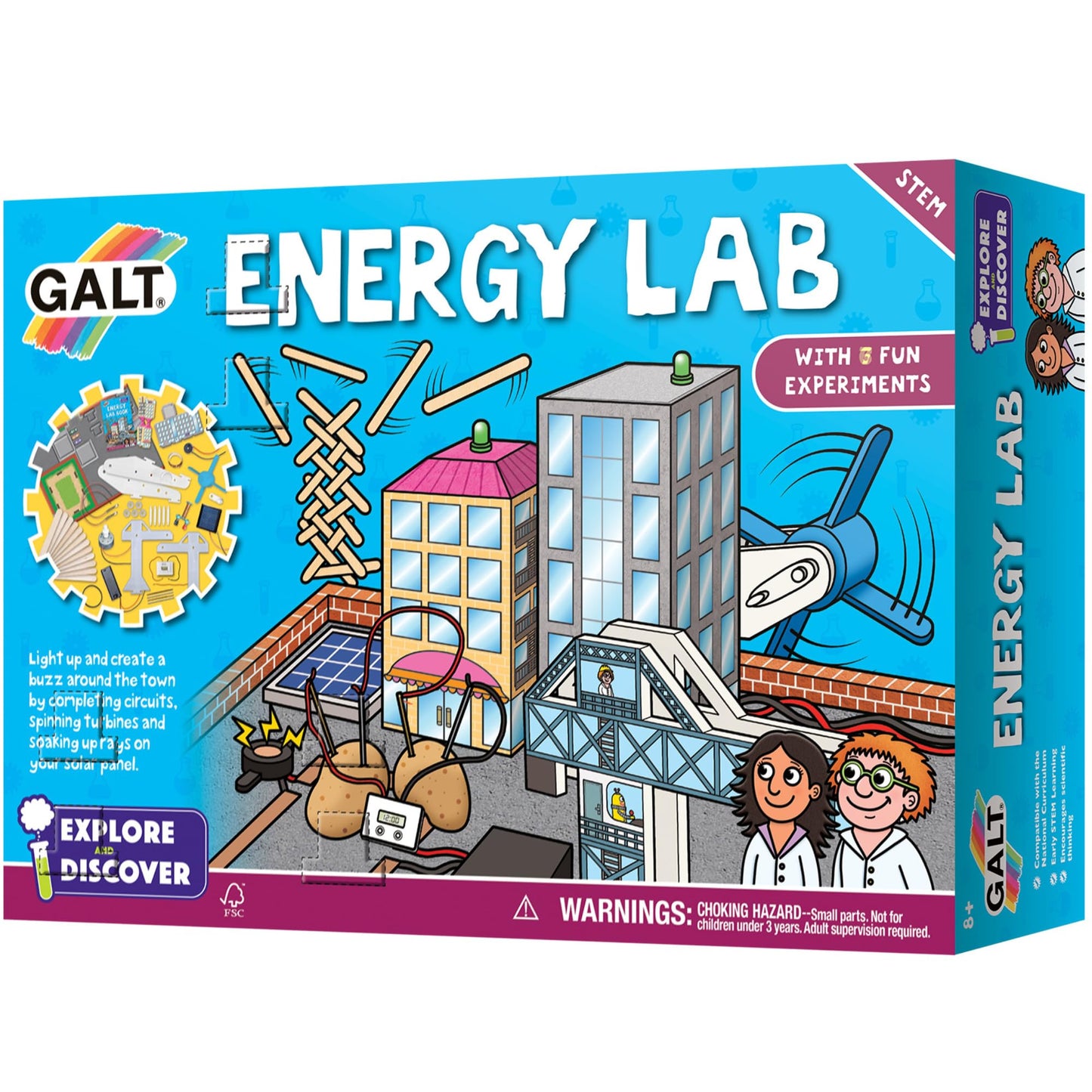 Galt Energy Lab kids science kit with colorful experiment tools and materials for physics activities, suitable for children aged 8+