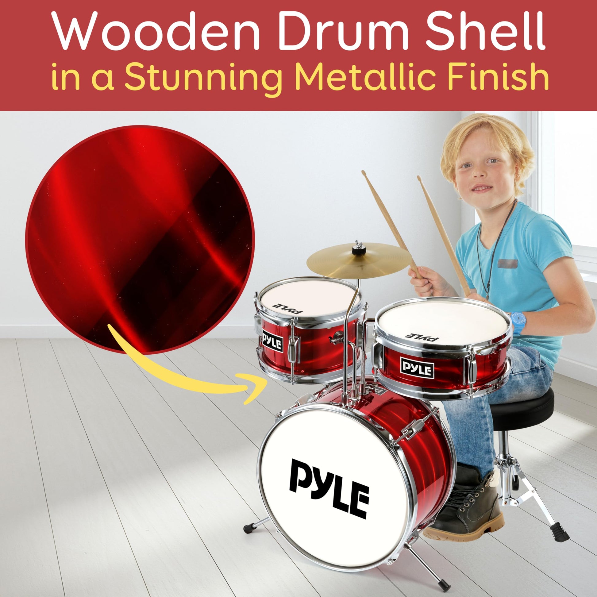 Pyle Kids 3-Piece Drum Kit with wooden shells, bass pedal, snare, tom, cymbal, padded seat, and lightweight drumsticks for children age 5-7.