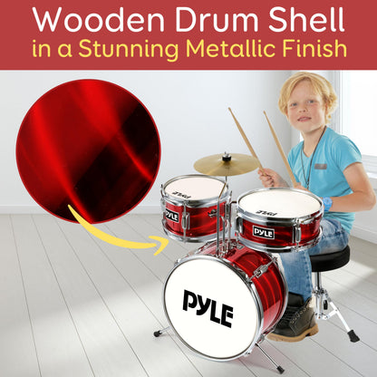 Pyle Kids 3-Piece Drum Kit with wooden shells, bass pedal, snare, tom, cymbal, padded seat, and lightweight drumsticks for children age 5-7.