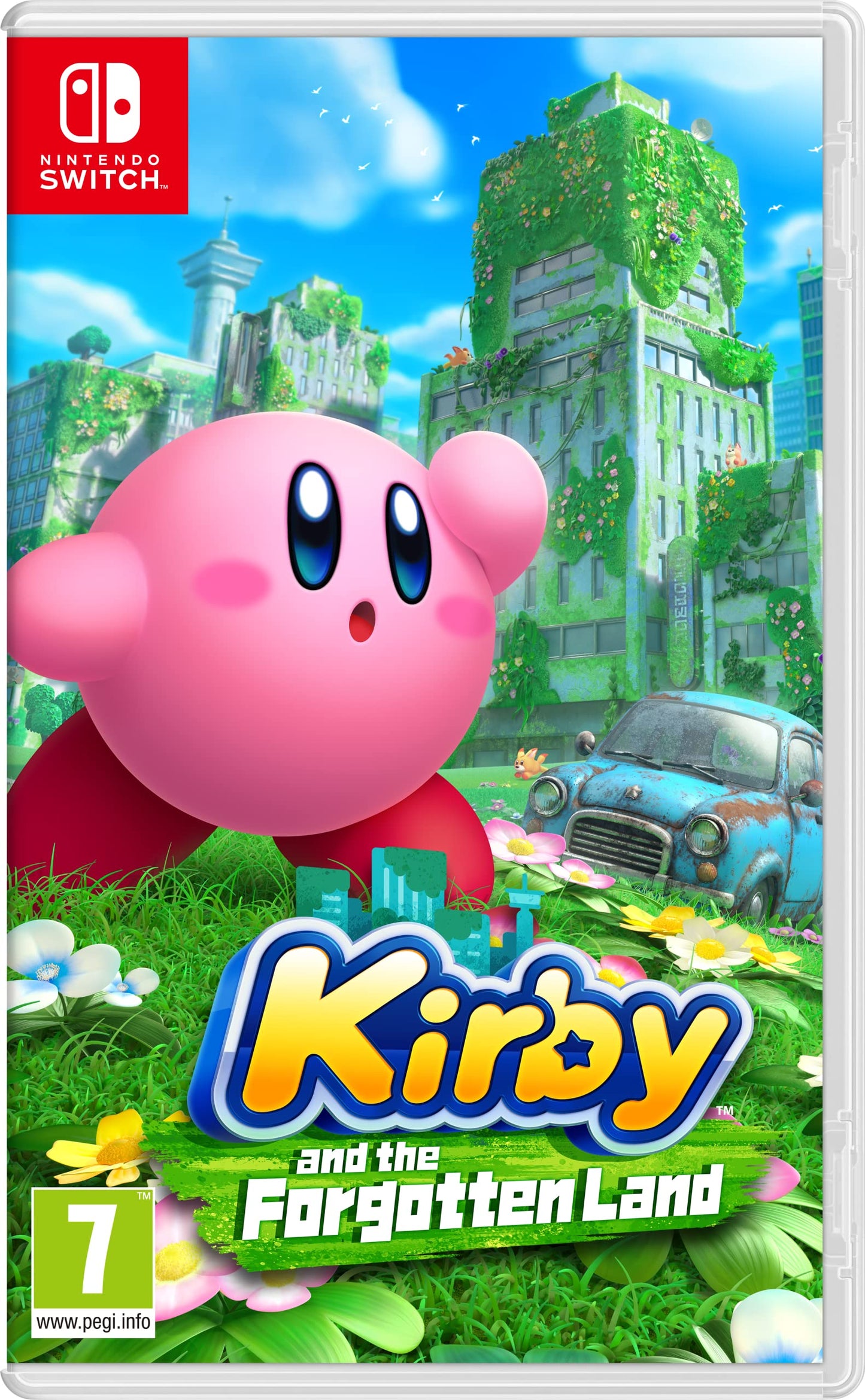 Nintendo Kirby and the Forgotten Land Nintendo Switch game cover with colorful Kirby character and vibrant background.