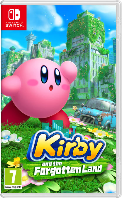 Nintendo Kirby and the Forgotten Land Nintendo Switch game cover with colorful Kirby character and vibrant background.