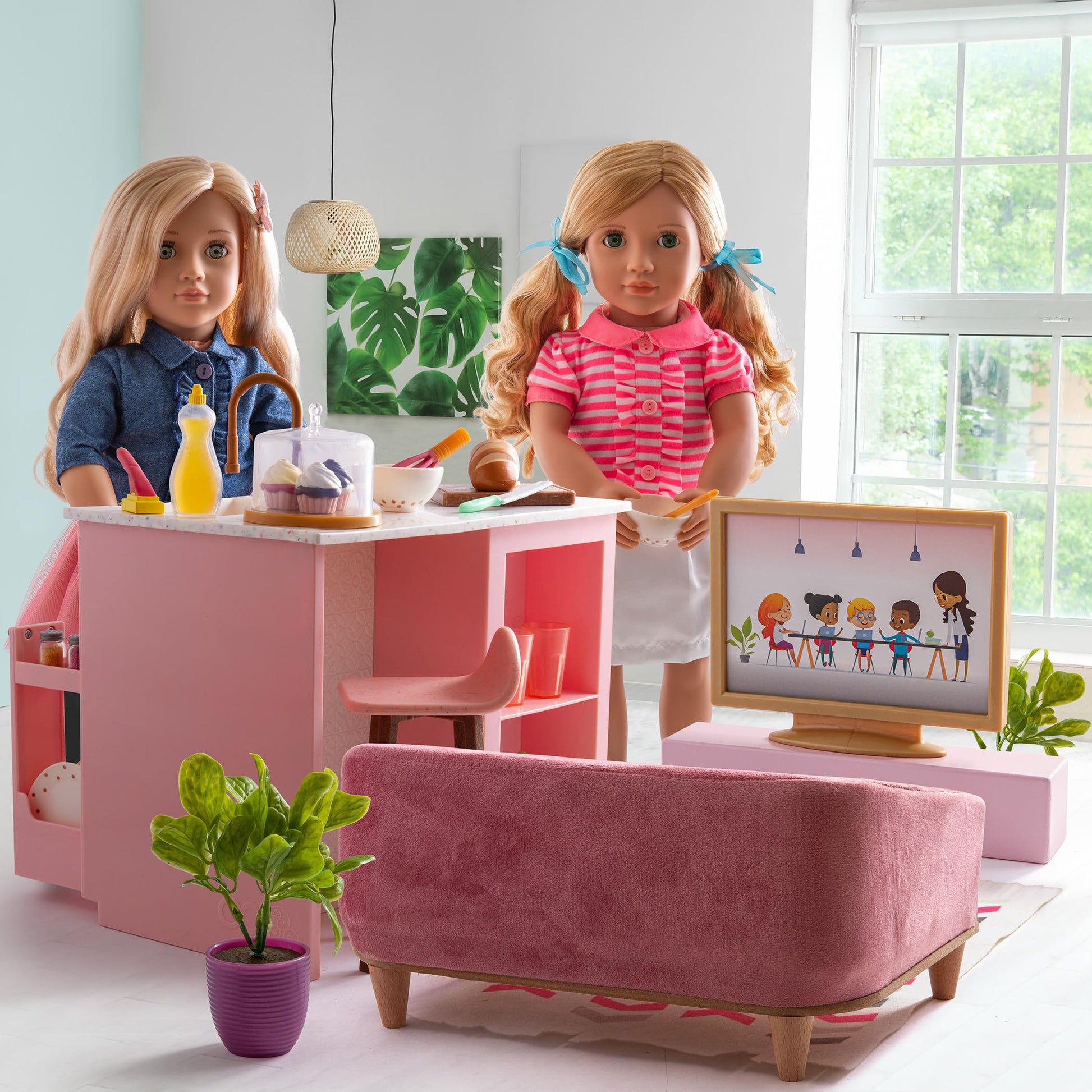 Our Generation 6-piece living room playset featuring cozy furniture for 18-inch dolls, including sofa, chairs, and decor.