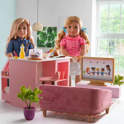 Our Generation 6-piece living room playset featuring cozy furniture for 18-inch dolls, including sofa, chairs, and decor.