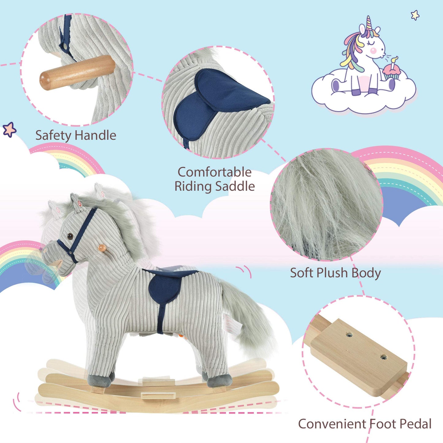 HOMCOM Kids Plush Rocking Horse w/Sound Children Rocker Ride On Toy Gift 3-6 Years Grey