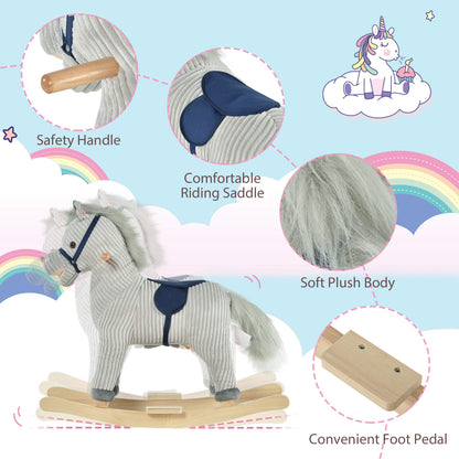 HOMCOM Kids Plush Rocking Horse w/Sound Children Rocker Ride On Toy Gift 3-6 Years Grey