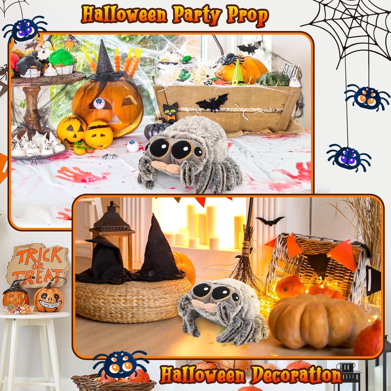 CelestiMingle 8.2-inch realistic plush spider toy with big eyes, soft and cute, perfect for Halloween, Christmas, or birthday gift.