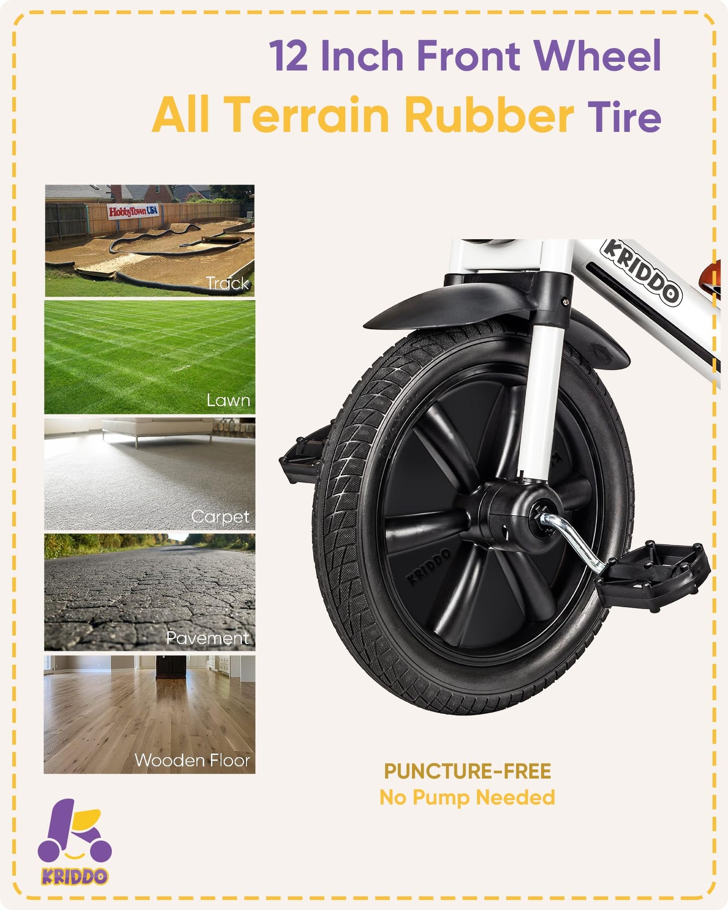 KRIDDO Kids Tricycles Age 2 Years to 5 Years, 12 Inch Puncture Free Rubber Wheel w Front Light, Adjustable Seat Height, Gift Toddler Tricycles for 2-5 Year Olds, Trikes for Toddlers, White