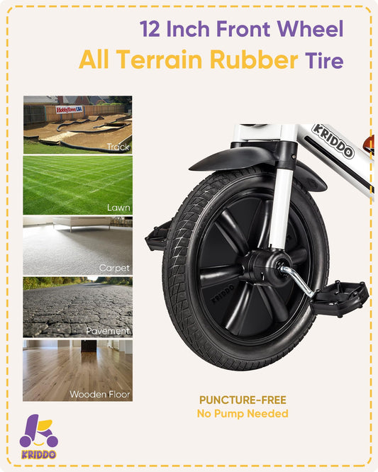 KRIDDO Kids Tricycles Age 2 Years to 5 Years, 12 Inch Puncture Free Rubber Wheel w Front Light, Adjustable Seat Height, Gift Toddler Tricycles for 2-5 Year Olds, Trikes for Toddlers, White