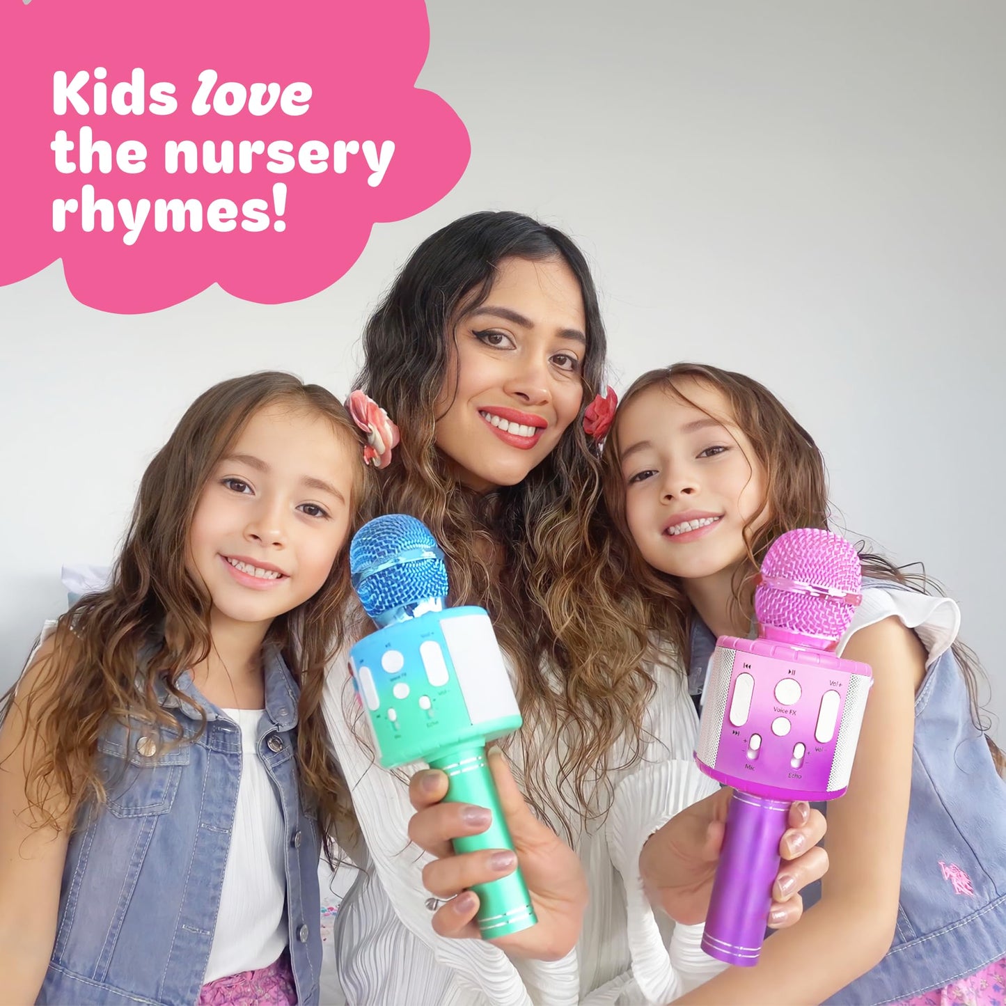 Move2Play kids karaoke microphone with Bluetooth and pre-loaded songs, featuring colorful design for children’s birthday fun.