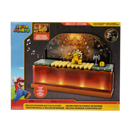 Super Mario Deluxe Bowser Battle Playset with lights and sounds, featuring 2.5-inch Bowser action figure for Super Mario fans.