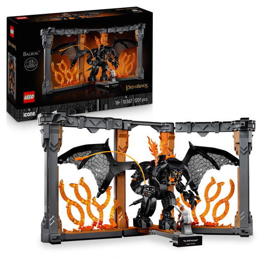 LEGO Icons Balrog Book Nook featuring Gandalf the Grey minifigure and dragon figure, perfect for bookshelf decor.